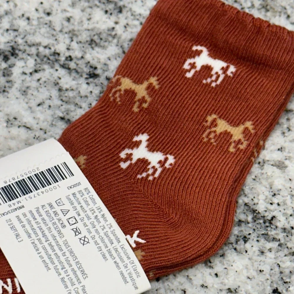 Janie and Jack Kids 6-12M Socks Rust Brown Horse Pattern Equestrian Preppy